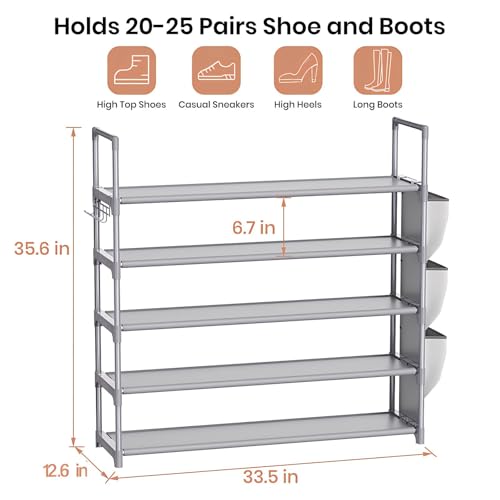 Image of VILICK Shoe Rack for Closet Shoe Organizer Space Saver Storage for 20-25 Pair Shoe Shelf with Hook and Side Pocket Free Standing 5 Tier Shoe Rack Organizer for Entryway,Small Spaces, Grey