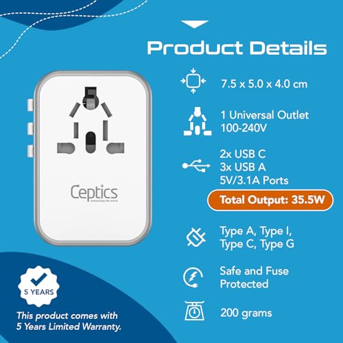 Image of Ceptics 6 In 1 Universal Travel Adapter - Type C, USB-A, PD /QC 3.0, USB-C, Black - Worldwide Travel Adapter, Fast Charging, 3.1A Max, 240V, FCC CE RoHS Certified, Surge Protection