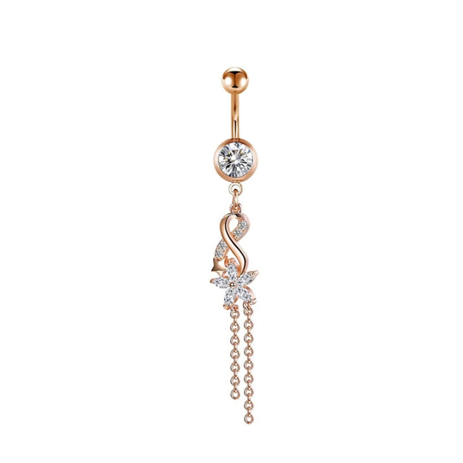 Anillos de ombligo sexy para mujer, piercing de ombligo, joyería luna, acero inoxidable, 14 g, flor de oro rosa y circonita blanca redonda, 8 piezas, Circonia cúbica, Cubic Zirconia