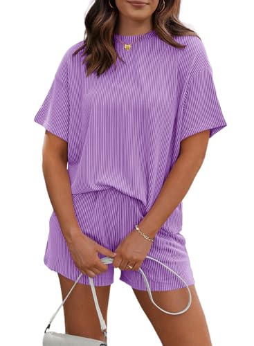Image of RUBZOOF Women's 2 Piece Sets Short Sleeve Outfits Ribbed Textured Knit Lounge Shorts Set Oversized Tracksuit Matching Sets