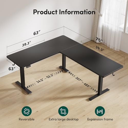 Image of FEZIBO 75 * 63 L Shaped Standing Desk, Electric Height Adjustable L Shaped Desk, Suitable for Home Office, Black