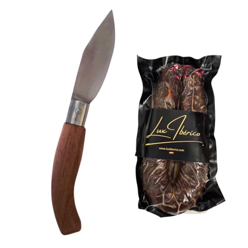 LUX IBÉRICO - Pack Morcilla Achorizada Ibérica Picante (350g) + Navaja de Bolsillo Artesanal de Acero Inoxidable 85mm – Embutido Extremeño + Navaja de Campo Tradicional