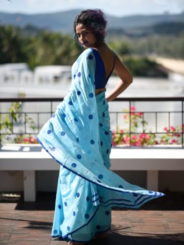 Image of Sidhidata Women's Polka Dot Printed Linen Cotton Saree With Unstitched Blouse Piece (Laddu Free Size)