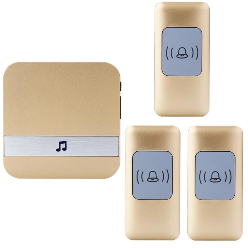 SLDAGe Wireless Doorbell,1000ft Long Range Waterproof Cordless Door Bell Chime Kit, with Remote Push Buttons Plug-in Receiver, 4 Volume, LED Flash, for Front or Back doorbell Sets,Gold,3 on 1