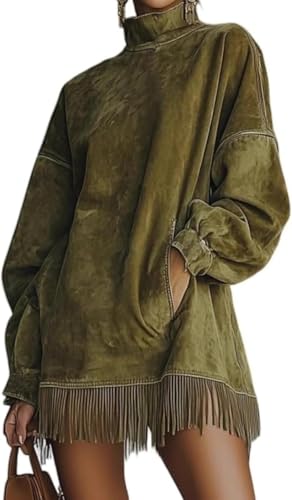 Damen-Minikleid aus Wildleder, Samt-Quasten-Minikleid, langärmelig, lockere Passform, lässig mit Taschen, grün, 42