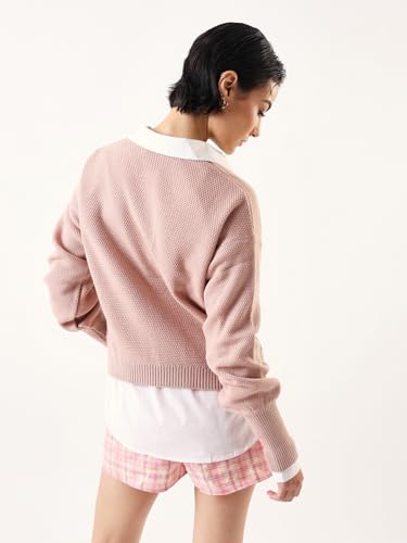 Image of High Star Women Knitted Acrylic Relaxed Fit V Neck Long Sleeve Sweaters