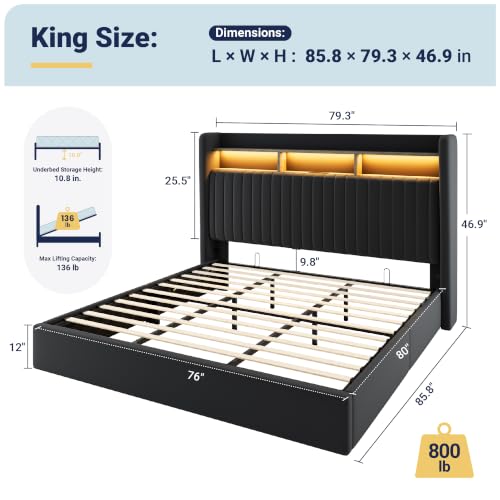 Image of Allewie King Size Lift Up Storage LED Bed Frame, Charging Station, Black