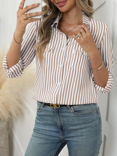 ANRABESS Long Sleeve Striped Shirts for Women Fall Button Down Cute Tops 2025 V Neck Businese Casual Blouses with Pockets4