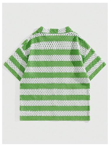 Verdusa Men's Short Sleeve Hollow Out Knit Shirts Collar Button Up Striped Sweater2