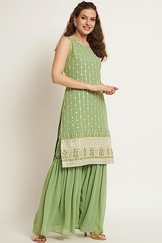 Image of SHOPPING QUEEN Women's Georgette Straight Kurta Sharara Set with Dupatta