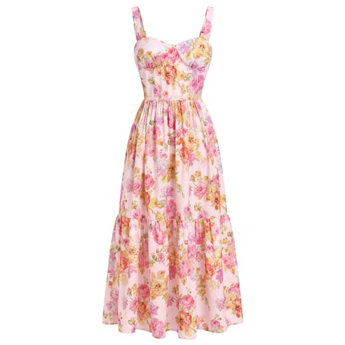 Abehik Corset Sundress For Women 2024 With Chest Pads Floral Bustier Flowy Midi Dress With Pockets Spaghetti Strap Casual Low Cut Summer Wedding Guest Cocktail Homecoming Party Dresses Orange M cover