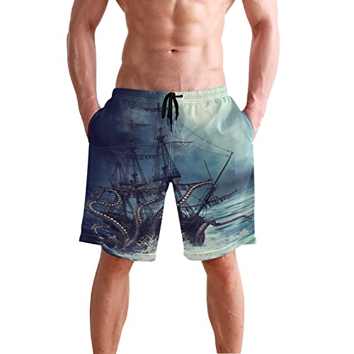 Ship Octopus Tentacles Moon Men's Swim Trunks Night Scene Board Shorts Quick Dry Swimwear Pants with Mesh Lining S2