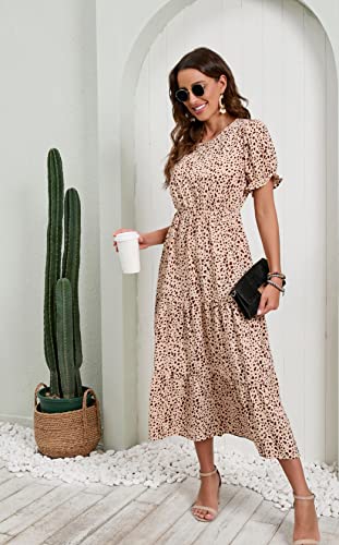Grecerelle Women Dress, Summer Casual Loose Crew Neck Boho, Leopard Dot Ruffle Puff Sleeve, High Waist Midi Beach Dress #TOP6
