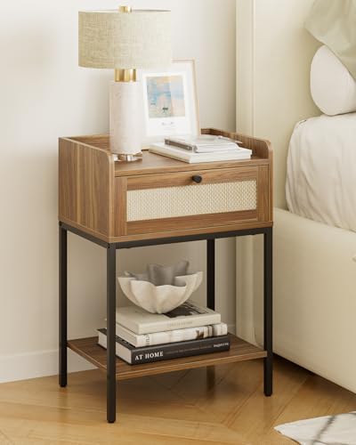 Image of Masupu Rattan Nightstand,3-Tier Modern Bedside Night Stand with Storage Drawer and Shelf,Small End Side Table for Bedroom,Living Room,Walnut Brown (Without Outlet, Brown)