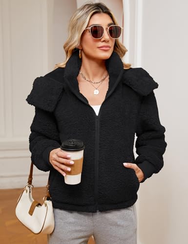 Micoson Womens Faux Fur Coat Winter Full Zip Sherpa Fleece Jacket Long Sleeve Warm Fuzzy Outerwear with Hooded3