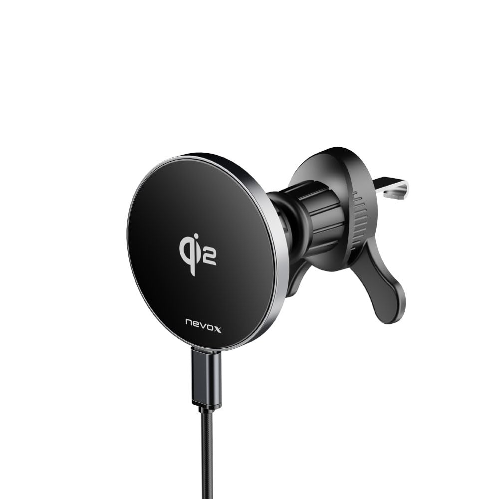 Nevox Qi2 - Caricatore da auto wireless da 15 W, compatibile con MagSafe, supporto magnetico per griglia di ventilazione dell'auto, ricarica rapida con Qi2, forte forza magnetica, design in alluminio