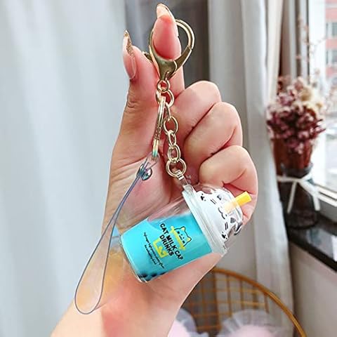 ARTAKA Cute Cartoon Cat Car Keychain Milk Tea Cup Key Chain Sequin Key Ring Bag Pendant Women Girl Cover