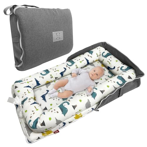 Image of Baby Lounger, Foldable Portable Infant Lounger, Baby Nest Cover, Suitable for 0-24 Months Newborn Baby Lounger,Home Travel Dual-Purpose Baby Nest(Blue Dinosaur)