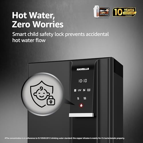 Image of Havells Gracia FAB Alkaline Water Purifier (Black), RO+UV+Alkaline, Hot, Warm & Ambient Water, Copper+Zinc+Minerals, 9 Stage Purification, 6.5L SS Tank, Suitable for Borewell, Tanker & Municipal Water