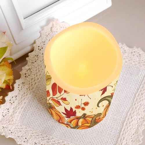 Image of Fall Maple Leaf Pumpkin Flickering Flameless Candles with Remote LED Pillar Candles Battery Operated with Timer Color Changing Electric Candles for Thanksgiving Day Home Kitchen Decor