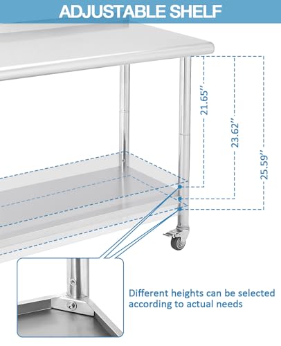 Stainless Steel Prep Table 36" x 24", NSF Commercial Kitchen Prep Table with Backsplash, Adjustable Undershelf, 5 Hooks and Wheels, Heavy Duty Workbench Workstation for Home Kitchen Restaur