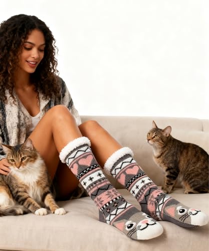 Fuzzy Slipper Socks for Women Girls Kids with Grips Warm Sherpa Lined Animal Cabin Socks Non Slip Indoor House Stocking Stuffers Christmas Gifts Cozy Winter2