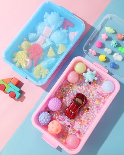Image of Sensory Bin Sand Tray with Lid for Toddlers 2 Pcs 15in Portable Sandbox Toy Large Plastic Tray for Kids 3 4 5 6 Fill with Sand, Water, Beads, and More (Pink + Blue)