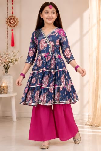 Image of Preneum Girl's Cotton Rayon Floral Printed Angrakha Kurta with Sharara & Dupatta