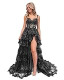 CKGJLJ Black Off Shoulder Prom Dresses 2025 Long with Slit Spaghetti Strap Tiered Lace Ball Gowns Sparkly Corset Formal Party Dress US14