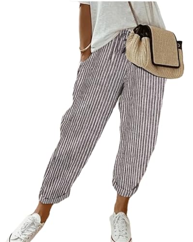 Women Striped Print Pants Drawing Waist Pants Vintage Lounge Pants Trendy Trousers with Pockets