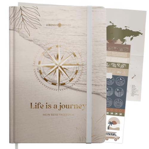 LEBENSKOMPASS® Reisetagebuch Journey zum ausfüllen A5 Platz für 50 Erinnerungen selberschreiben - Reisedokumentation & Achtsamkeitsübungen - Tagebuch für den Urlaub zur Organisation (Pro)
