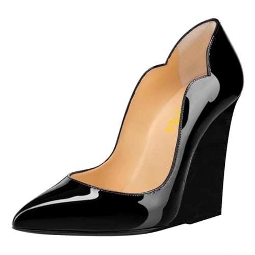 FSJ Women Classic Wedge Pumps Sexy Closed Pointed Toe Slip On Thick High Heel Comfy Solid Casual Party Dress Shoes Size 4-16 US