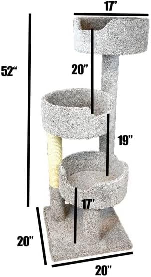 Gray Large Cat Tree 52" | Unique Solid Wood Frame Carpet Durable Sisal Rope Modern Tall Cactus Hammock Freestanding Tip Resistant Extra Plush Soft Cool Mushroom Kitty Stable & Strong Greyish Shade