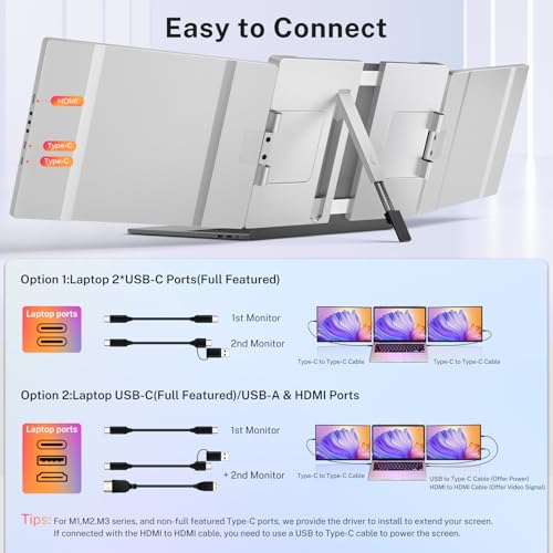 Image of Triple Screen Laptop Monitor Extender - 2.5K QHD IPS Triple Portable Monitor for Laptop 13.3-17 Inch, Plug Play and Compatible with MacOS /Wins /Chrome /Dex (Silver)