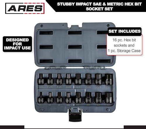 Image of ARES 23021 16-Piece Stubby Impact SAE and Metric Hex Bit Socket Set