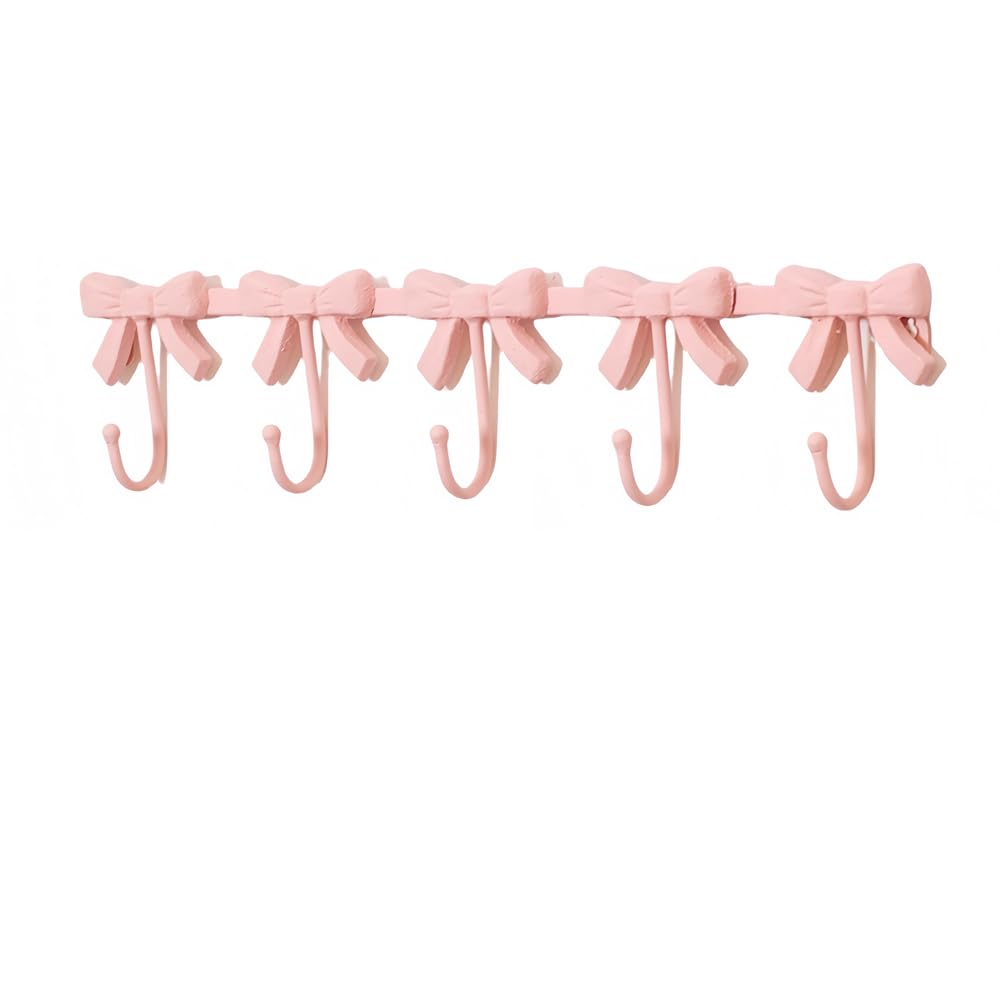 BOOMLATU Pink Bow Shape Hook Rustic Coat Rack Wall Hooks,Metal Decorative Hook Wall Mounted Bow Coat Hooks for Home Kitchen Bathroom Office (Pink, 5