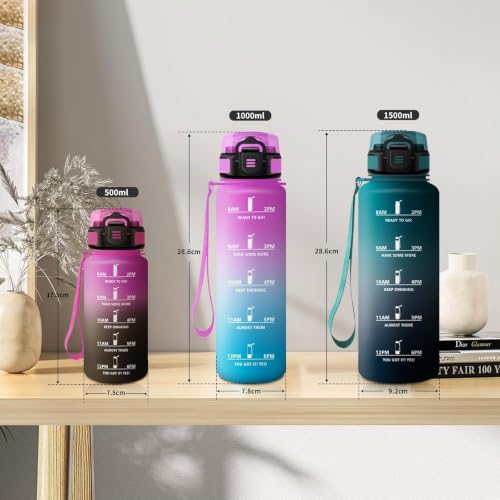 Trinkflasche 1L, Motivierende Trinkflasche mit Zeitmarkierung, Auslaufsicher, Sport Wasserflasche mit Strohhalm, Kohlensäure Geeignet… – Ansicht 5