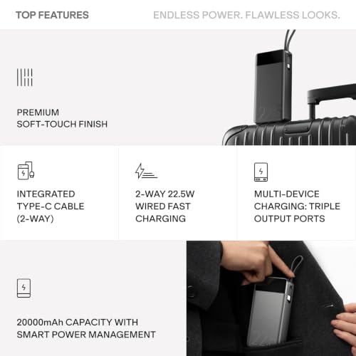 Image of boAt Apex PB400 with in-Built Type-C Cable; 20000 mAh 2-Way PD 22.5W Fast Charging Powerbank with Triple Output; Premium Finish; for Android, iPhone 17 /16 /Pro, Samsung, iPad (Noir Black)