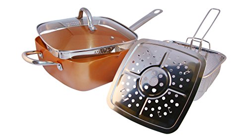 Copper Pan With Pour Spout, 8Piece. Square Pan With Round Handle, Glass Lid, Steamer, Frying Basket, Steamer Stands, Induction Base Non Stick, Dish Washer Safe