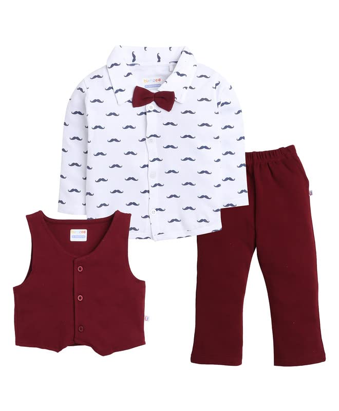 Image of BUMZEE Boys Regular Fit Full Sleeves Collar Neck Cotton Shirt Waistcoat Pant Set with Applique Bow