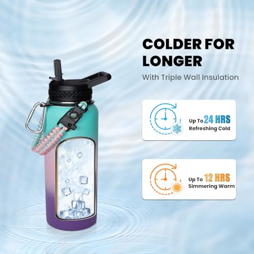 Image of RAYMYLO Insulated Water Bottle 32 oz, Triple Wall Vacuum Stainless Steel (Cold for 24Hrs, Hot for 12Hrs), Leak Proof & Non-BPA, Modern Water Flask Jug with Paracord Handle & Straw Spout Lids
