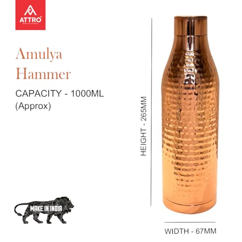 Image of ATTRO Amulya Copper Bottle Design Boosts Immunity Leakproof & Lightweight |Anti-Bacterial, BPA Free with Secure Cap for School, Travel, Gym & Work 1000ml Hammer