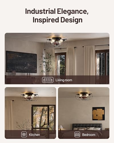 CubiCubi Caged Ceiling Fans with Lights, 20" Industrial Low Profile Fandelier with Remote and APP Control, Ultra Quiet 6 Wind Speed Small Farmhouse Ceiling Fan for Bedroom, Dining Room - Image 7