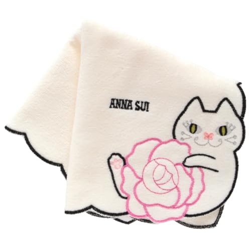 [ANNA SUI] アナスイ タオルハンカチ (薔薇＆ネコ刺繍) 猫 猫柄 ハンカチタオル ハンドタオル レディース ハンカチ (約25cm/綿100%) 109482-0011 (ホワイト)