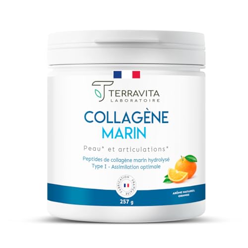 COLLAGÈNE MARIN Breveté en Poudre + Vit C | 250 Grammes de Peptides de Collagène Purs de Type 1 | Articulations Souples, Peau Lisse et Hydratée | Goût Orange | Filière 100% Française | Terravita