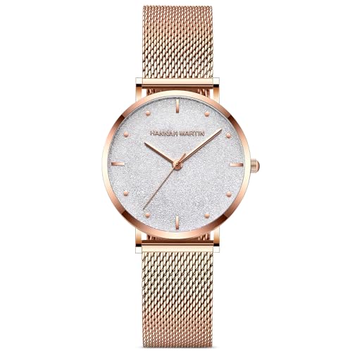 dirocoro Relojes para Mujer Analógico Cuarzo Ultra Delgado Relojes Moda Esfera de Cielo Estrellado Relojes de Acero Inoxidable Casual Mujer Relojes Oro Blanco