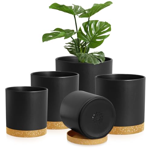 Homeuouz 5 Packs Blumentopf mit Untersetzer, 17.8/15.2/14/12.7/10.2cm Pflanzentopf, Plastik Übertopf, Hydrokultur Topf, Blumentöpfe Set Ideal für Innen und Balkongärten, Schwarz mit braunes Tablett