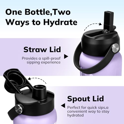 Image of Aqulea 32 oz Glass Water Bottle with 2 Lids - Spout & Straw Lids, 1L Motivational Borosilicate Glass Water Bottle with Time Marker & Silicone Sleeve, Leakproof (Purple)