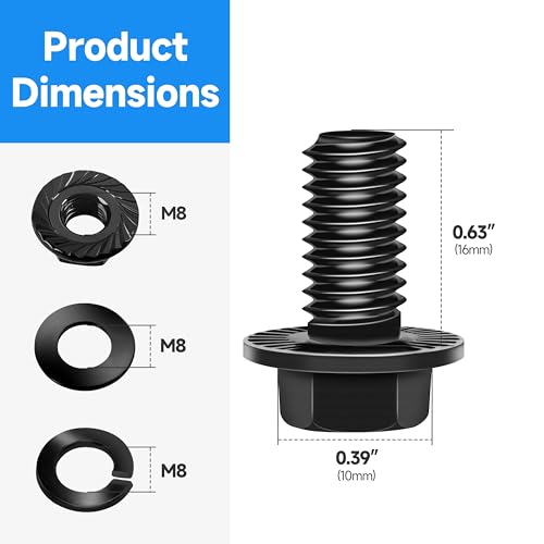 Image of (10Sets) M8 Bolt x 16mm Flanged Hex Head Bolts, External Flange Hex Drive M8 Screws, Class 10.9 Black Zinc Plated Alloy Steel Metric M8x1.25 Bolts Kit