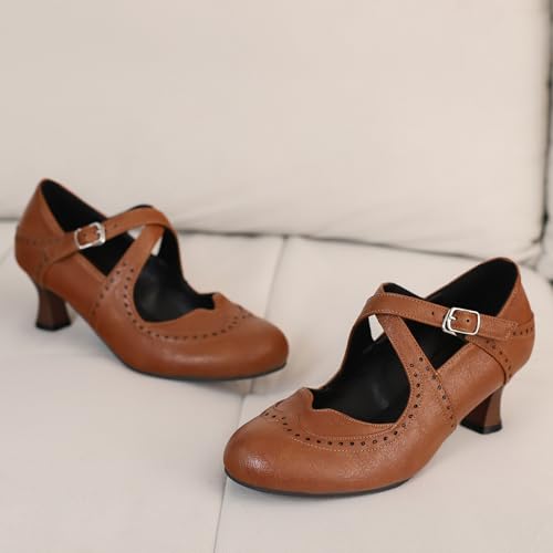 Women's Vintage Wingtip Oxfords Ankle Strap Cut Out Low Heel Brogue for Women2